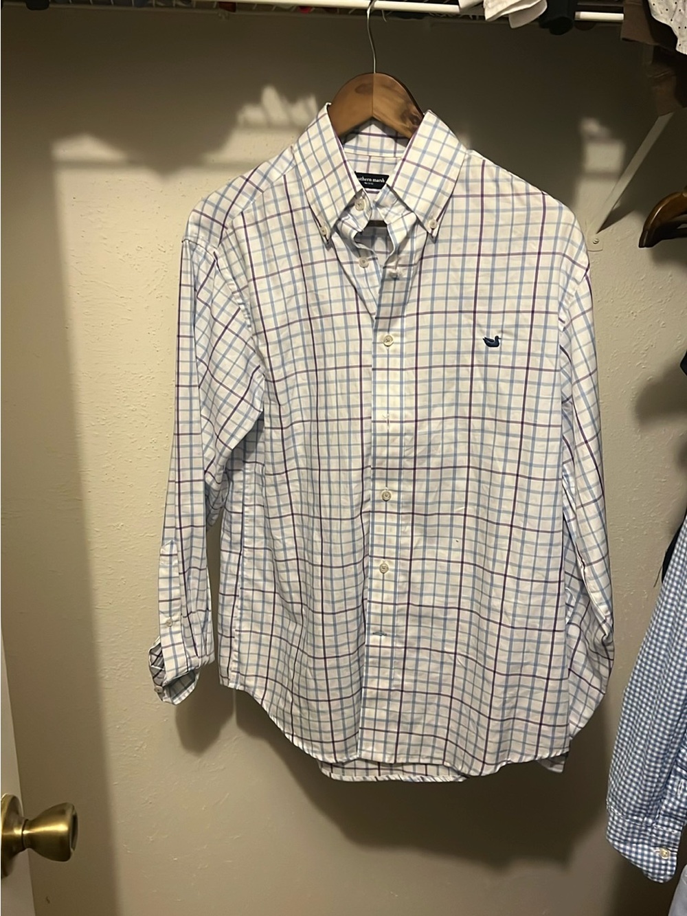 Southern Marsh Men’s White Button-Down Shirt with Blue and Purple Windowpane
